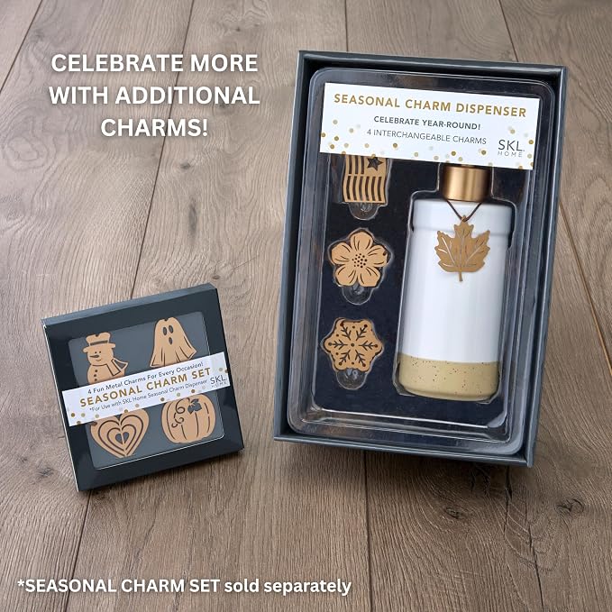 SKL Home Seasonal Charm Soap/Lotion Dispenser Gift Set with 4 Interchangeable Stainless Steel Charms, Refillable for Bathroom & Kitchen, Warm Gold