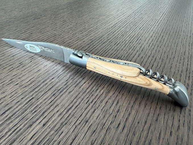 Laguiole en Aubrac Handcrafted Luxury Folding Pocket Steak Knife with Corkscrew, 4.75-in (12 cm), Olive Wood Handle, Brushed Bolsters