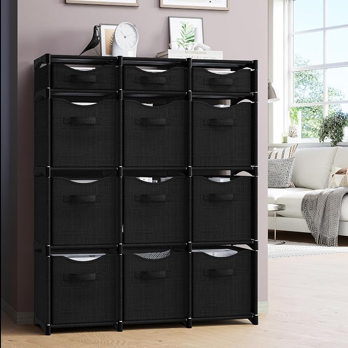 Cube Storage Organizer with 12 Storage Bins Included – Storage Cubes for Home Organization, Toy Storage, Office Storage, Living Room Storage, and General Storage Solution (Black)