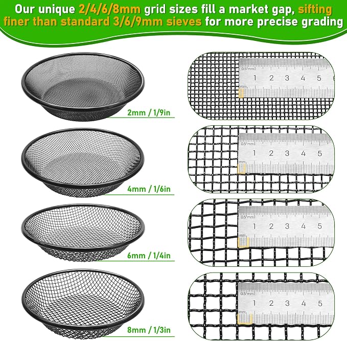 4Pcs 11.8" W Soil Sifter for Gardening, 2,4,6,8mm Grid Rock Sifter for 5 Gallon Bucket, Stainless Steel Fine Dirt Sifter, Compost Sifter for Capturing Dirt, Sand, Rocks, and Filtering Compost (Black)