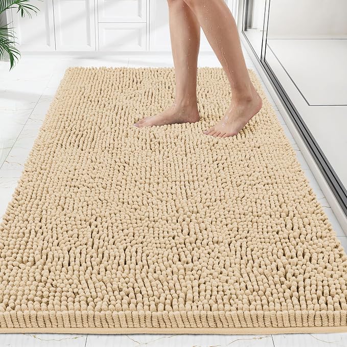 Bathroom Rugs Mat 72 x 24, Thick Soft Absorbent Chenille Bath Rugs, Rubber Backing Bath Mats for Bathroom Floor, Tub, Shower, Bedroom, Home Decor Accessories, Quick Dry Machine Washable, Beige