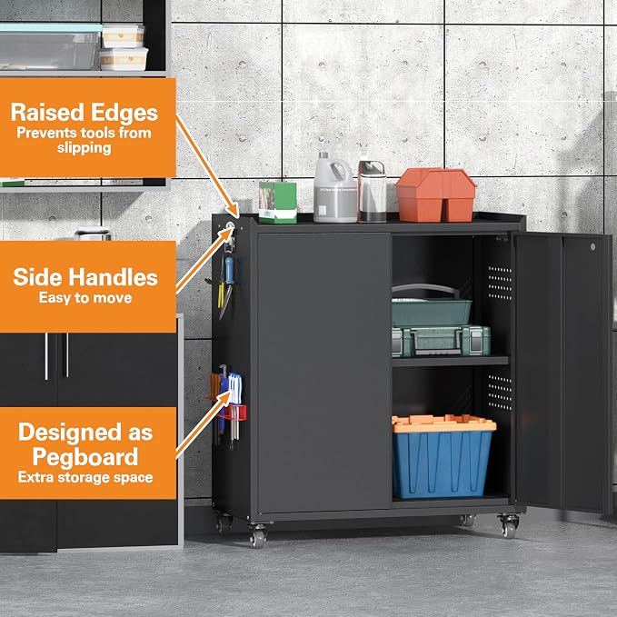 34" Metal Garage Storage Cabinet with Wheels, Adjustable Rolling Tool Storage Cabinet with Lock, Steel Locking Tool Cabinet with Doors and Shelves for Garage, Warehouse（Black）