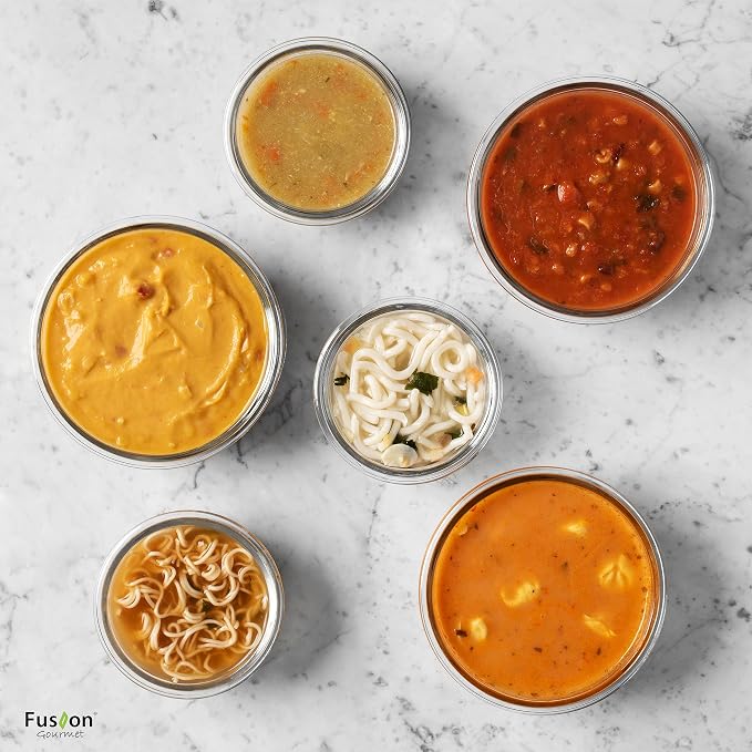 Round Glass Food Containers - 6 Pack, Microwave Safe | Borosilicate Round Bowls, 3x970 ml & 3x390 ml, Airtight Leakproof Lids, Oven Freezer Dishwasher Compatible