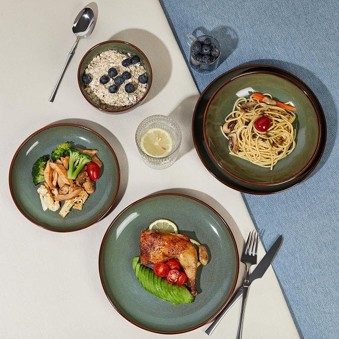Pokini 24 Piece Double Bowl Dinnerware Sets with Pasta Bowls, Highly Chip and Crack Resistant Plates and Bowls Sets, Natural Earthyware Ceramic Dishware Sets, Service for 6 Brown Green