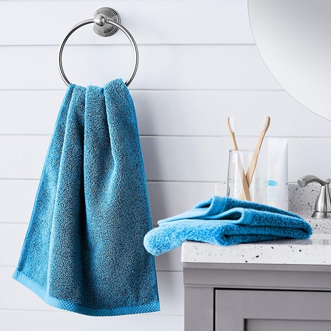 Amazon Basics 8-Pack Lightweight Quick-Dry Hand Towels, 100% Cotton, 28" x 16", Lake Blue