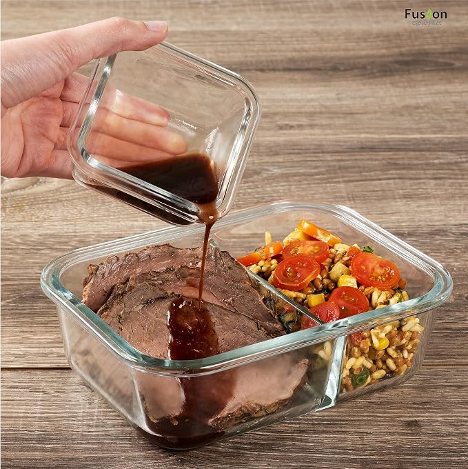 Glass Prep Containers - 8 Pack 2 Compartment 33 oz | High Borosilicate, 4 Large 980 ml, 4 Small 140 ml, BPA-Free Lids, Airtight Silicone Seal, Oven Safe 752 F, Dishwasher Safe