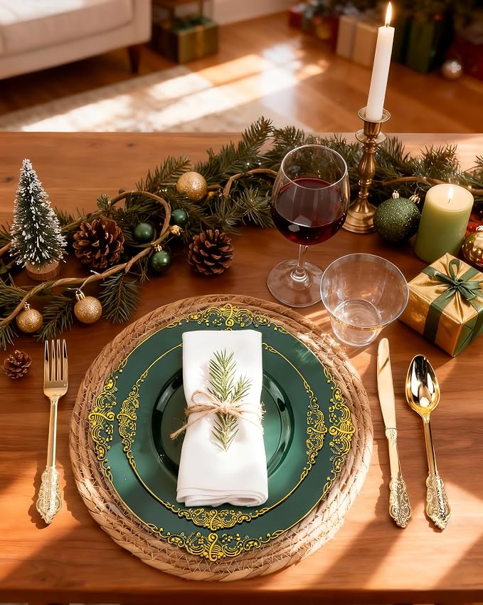 Nervure 350PCS Green Plastic Plates - Green Gold Plastic Dinnerware Sets for 50 Guests - 100 Disposable Plates, 150 Gold Silverware, 50 Cups, 50 Napkins Perfect for Wedding & Party