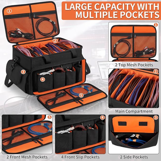 IBVIVIC DJ Cable File Bag With Adjustable Dividers, Dj Gig Bag for Cables, Cords, DJ Gear, Sound Instrument and Accessories, Cable Organizer Bag 16L x 11W x 12H inch