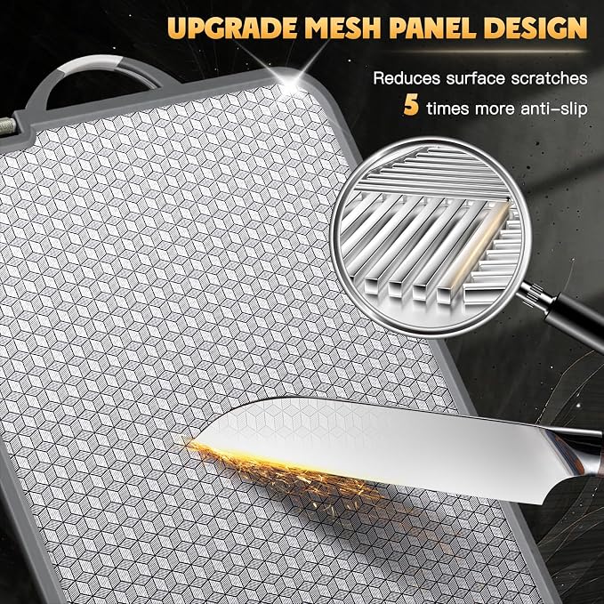 Large Stainless Steel Cutting Board, 16 Inch Double Sided Chopping Board for Kitchen, Non Toxic, Scratch-resistant Mesh Design, Juice Groove, Dishwasher Safe, 304 Stainless Steel and Wheat Straw PP
