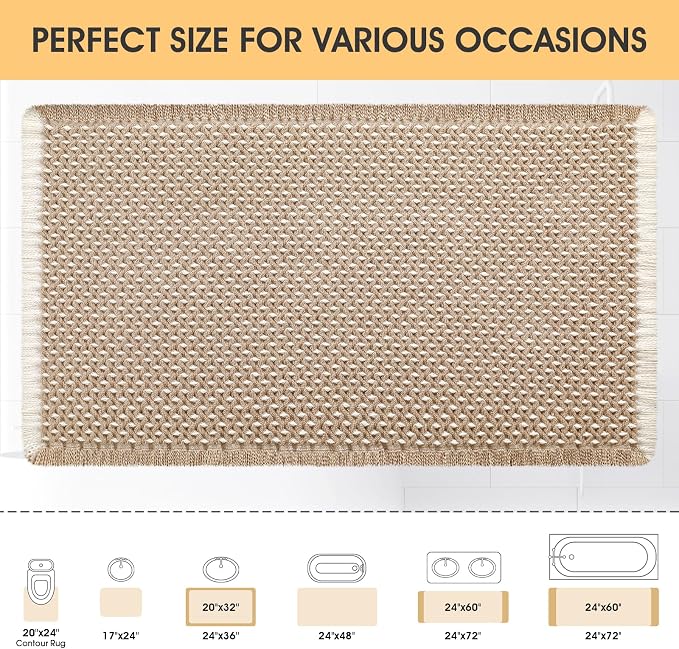 IM HOME Waffle Bath Mat Beige & White 32"x20", Boho Woven Modern Bath Mat Rugs, Absorbent Non Slip Bathroom Rugs, Soft Washable Bath Rugs with Tassels for Bedroom, Kitchen, Shower, Tub