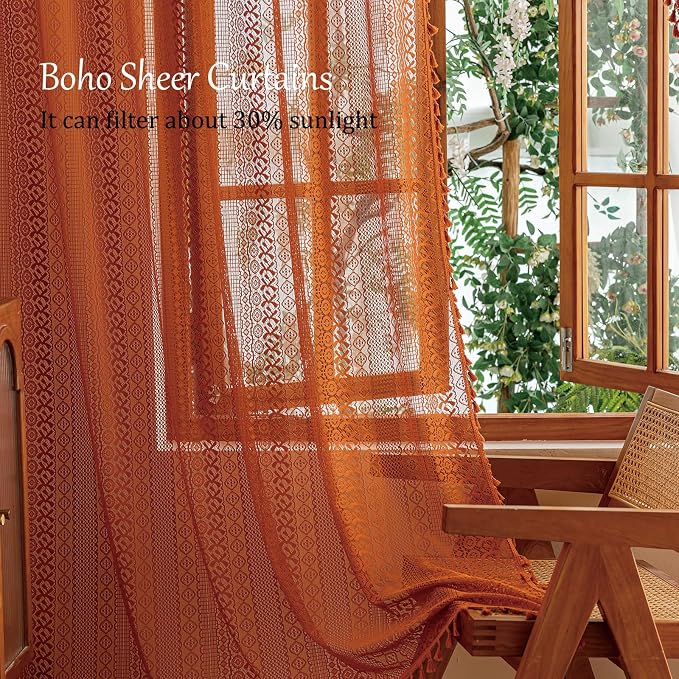 Sutuo Home Boho Lace Curtains 2 Panels for Living Room Bedroom, Orange Semi Sheer Curtains Privacy Vintage Chic Tassels Bohemian Style French Country Rod Pocket Halloween Decor, 50" x 90" Terracotta