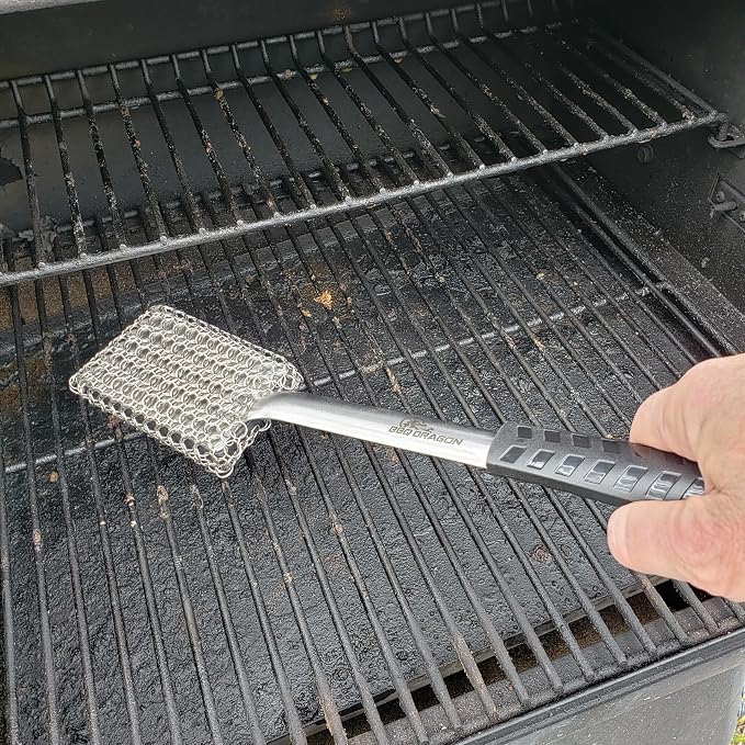 BBQ Dragon Chainmail Grill Brush - Bristle-Free Grill Cleaning Brush for Outdoor Grill - Heavy-Duty BBQ Brush and Grill Scrubber - Stainless Steel BBQ Grill Brush Cleaner - Safe BBQ Brush for Grills