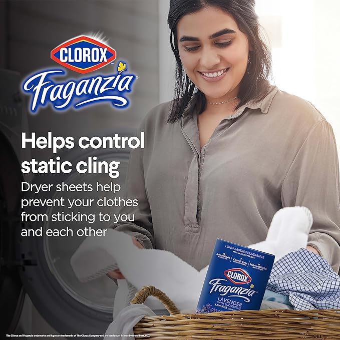 Clorox Fraganzia Fabric Softener Dryer Sheets Wrinkle Reducing Anti Static Laundry Dryer Sheets Great Smelling Clothes Softens Fabrics Lavender with Eucalyptus Scent 80 Count Home Dorm Laundry Room