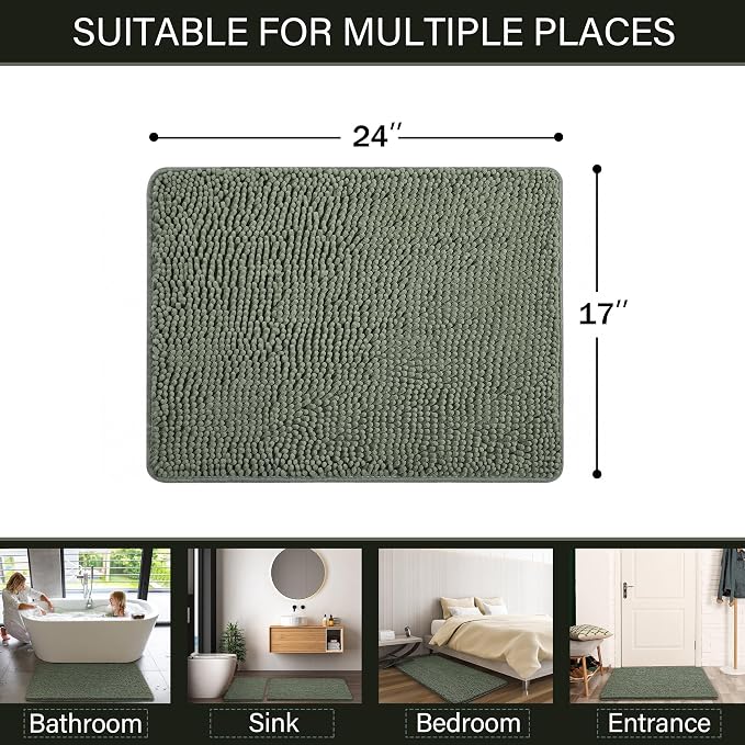 LOCHAS Luxury Bathroom Rug Shaggy Bath Mat 24 x 17 Inch, Sage Green | Washable Non Slip Bath Rugs for Bathroom Shower, Soft Plush Chenille Absorbent Carpets