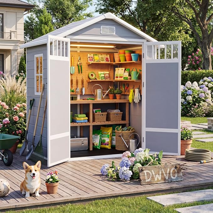 DWVO 6x4.4 FT Outdoor Storage Shed with Fence-Style and Side Windows, Lockable Door and Vents, Resin Storage Shed, Tool Shed for Garden Backyard Patio Lawn