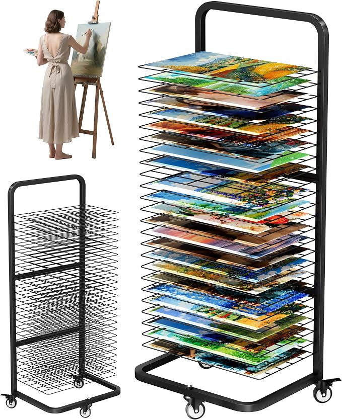 Art Drying Rack with 25 Removable Shelves, Mobile Metal Paint Drying Stand with Lockable Wheels, Functional Canvas Rack Art Storage for Artwork in Classrooms, Art Studios and Schools, Black