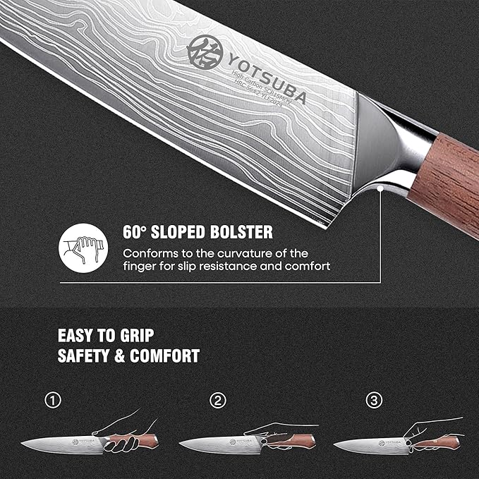 YOTSUBA 3 PCS Japanese Kitchen Knife Set, Razor Sharp High Carbon Stainless Steel Chef Knives with Ergonomic Natural Rosewood Handle, Premium Gift Box for Home & Restaurant Use
