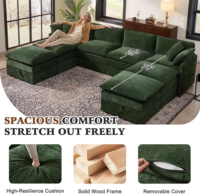Ihanherry 135” Oversized Sectional Sofa Bed with Storage, 8-Seater Modular Cloud Couch with Movable Ottomans, Chenille Deep Seat Sleeper Couches for Living Room (Green)