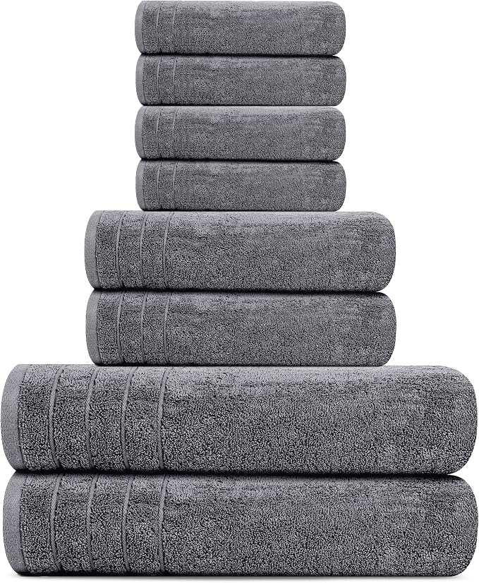 Tens Towels 8 Piece Towel Set, 2 XL Bath, 2 Hand, 4 Washcloth, Dark Grey | 100% Cotton, Lighter Weight, Quicker to Dry, Super Absorbent, Perfect for Bathroom