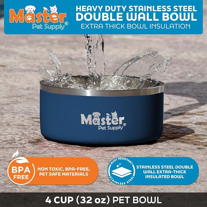 Master Pet Supply Stainless Steel Dog Bowls - 32 oz, Heavy Duty - Navy Blue, Double Wall Extra-Thick Insulated, Non-Slip Pet Water Bowl for Dogs, Cats & Pets, Anti Rust Metal, Dish Washer Safe