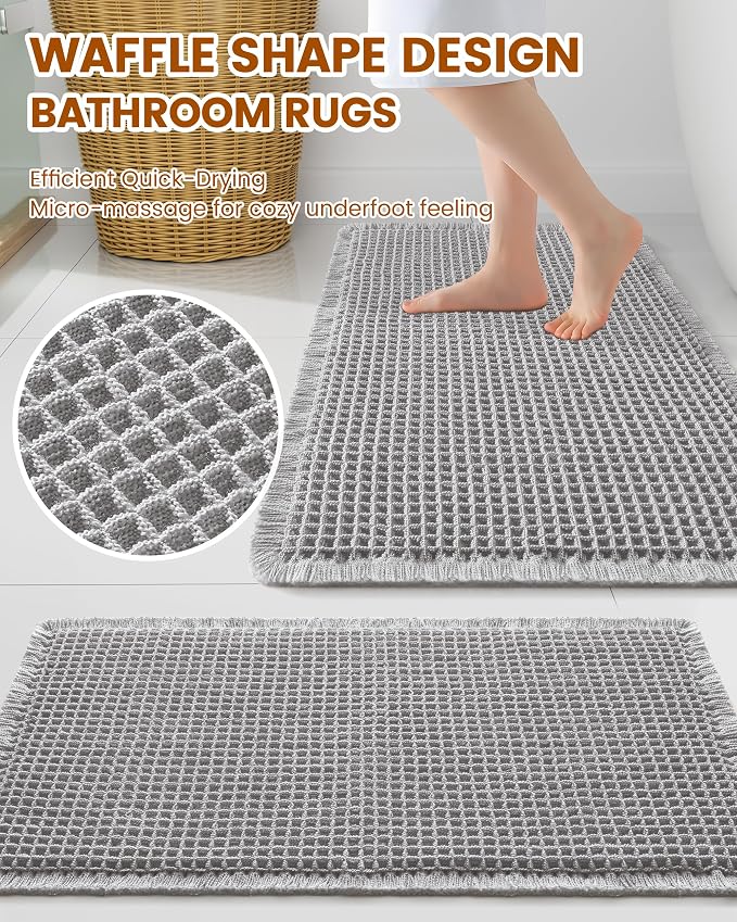 Smiry Waffle Bath Mat 24x16, Extra Soft Absorbent Bathroom Rugs, Non Slip Machine Washable Quick Dry Bath Rugs for Bathroom Floor, Tub, Shower, Home Decor Accessories, Light Grey