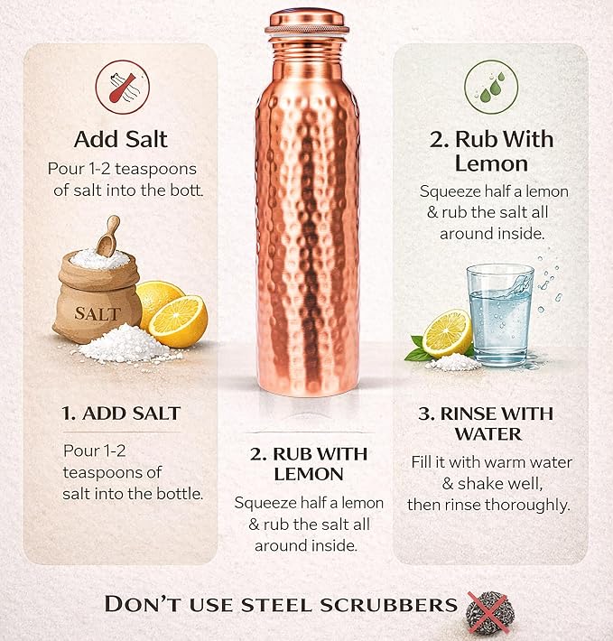 Alpha Living Home Copper Water Bottle 32 Oz Extra Large, Real Copper Water Bottle, Pure Drinking Bottle, Hammered Ayurvedic Bottle for Drinking Water, Leak Proof Vessel Cap with Cleaning Brush