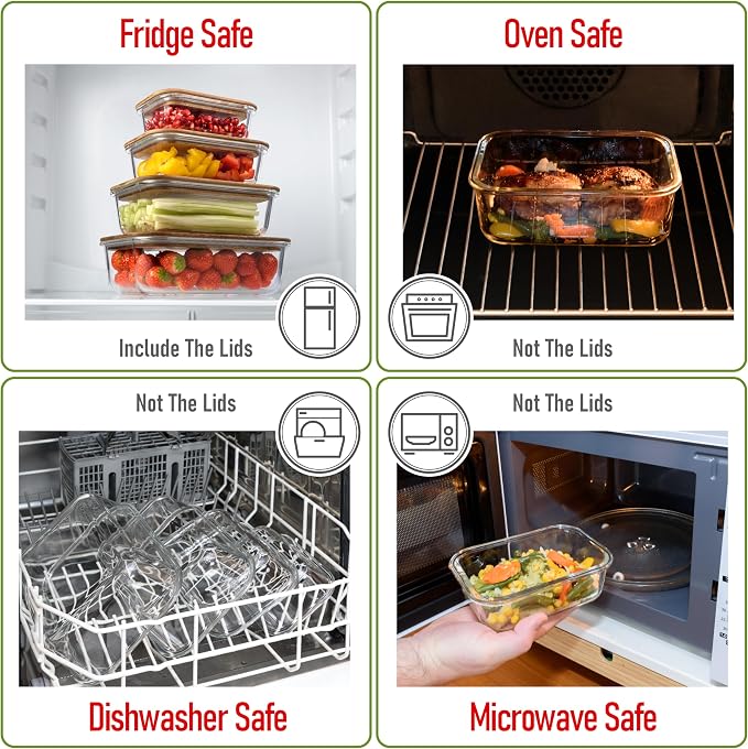 Glass Container Set with Acacia Lids - 4 Stackable Meal Prep Containers. Durable heat resistant Inert Borosilicate Glass
