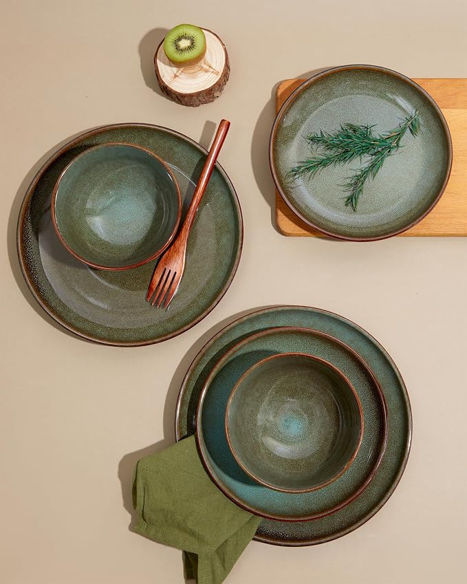 Pokini 32 Piece Double Bowl Dinnerware Sets with Pasta Bowls, Highly Chip and Crack Resistant Plates and Bowls Sets, Natural Earthyware Ceramic Dishware Sets, Service for 8 Brown Green