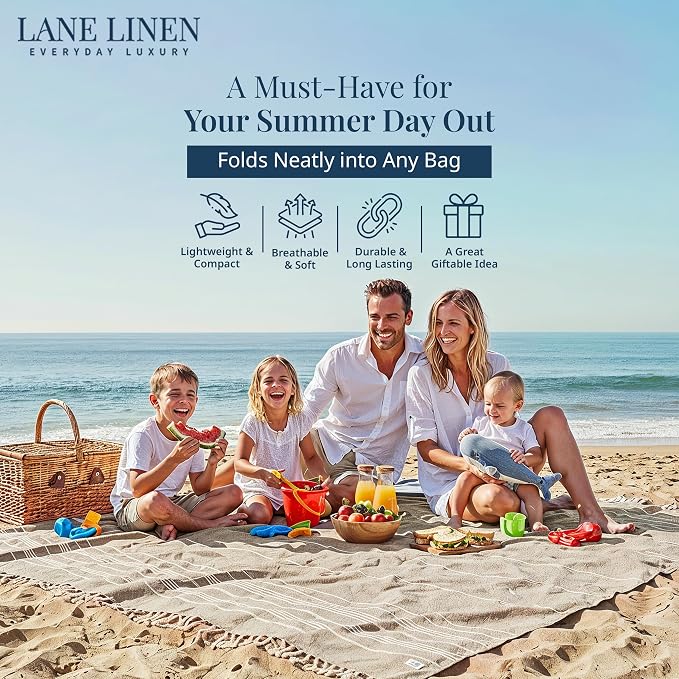 LANE LINEN Beach Blanket Sand Free, Quick Dry & Turkish Beach Towel - Beige | Extra Large Beach Blanket, 82"x82" - Seats A Family Of 4 With Room To Spare - Roomy Family Size, Soft, Packable, Portable