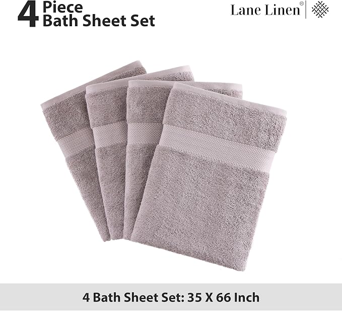 LANE LINEN Bath Sheets Quick Dry 100% Cotton 4 Pack Oversized - Platinum | Hotel Bath Sheets - Oversized & Roomy, Lightweight & Breathable, Fade-Resistant Color, Classic Terry Weave, Densely Woven