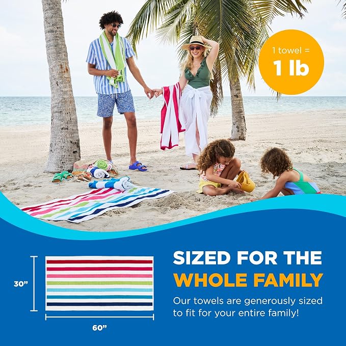 Ben Kaufman Cabana Stripe Beach & Pool Towel - Large Cotton Terry Beach Towel - Soft & Absorbant - Assorted Colors - 30" x 60" - 12 Pack
