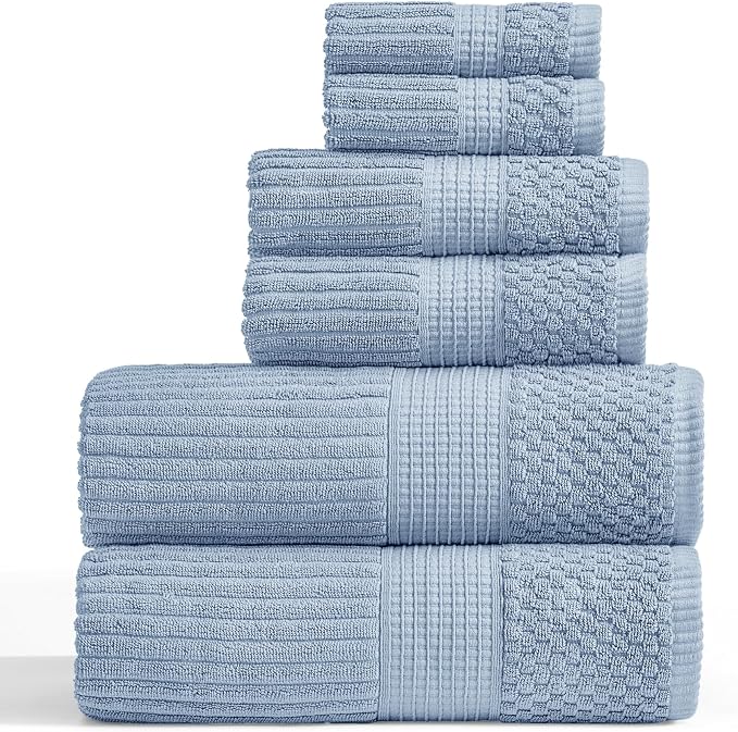 Springtree Home 100% Cotton Bath Towel Set | 6-Piece Set | Textured | Blue | Absorbent & Quick-Dry Bathroom Towels | Textured and Durable Cotton Towels for Bathroom | OEKO-TEX | Krista Collection