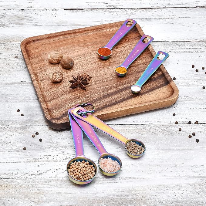 Kich 14 Piece Iridescent Rainbow Stainless Steel Measuring Cups and Spoons Set Magnetic Metal Kitchen Conversion Chart Included Large Small and Mini Scoop Cute Colorful Design
