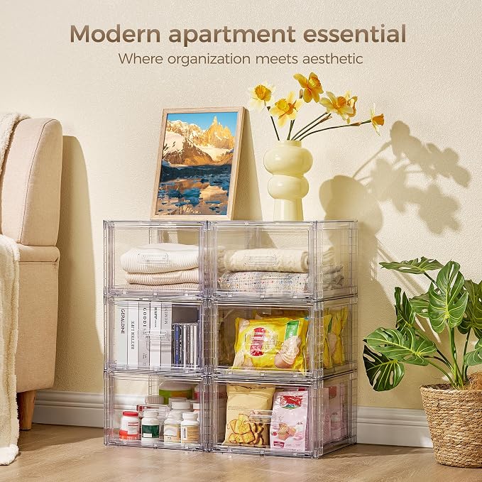 Vtopmart 9 Pack Clear Stackable Storage Drawers 15QT,Easily Assemble Closet Organizers,Plastic Storage Bins for Bathroom,Cabinet,Kitchen Pantry,Under Sink Organization(Medium)