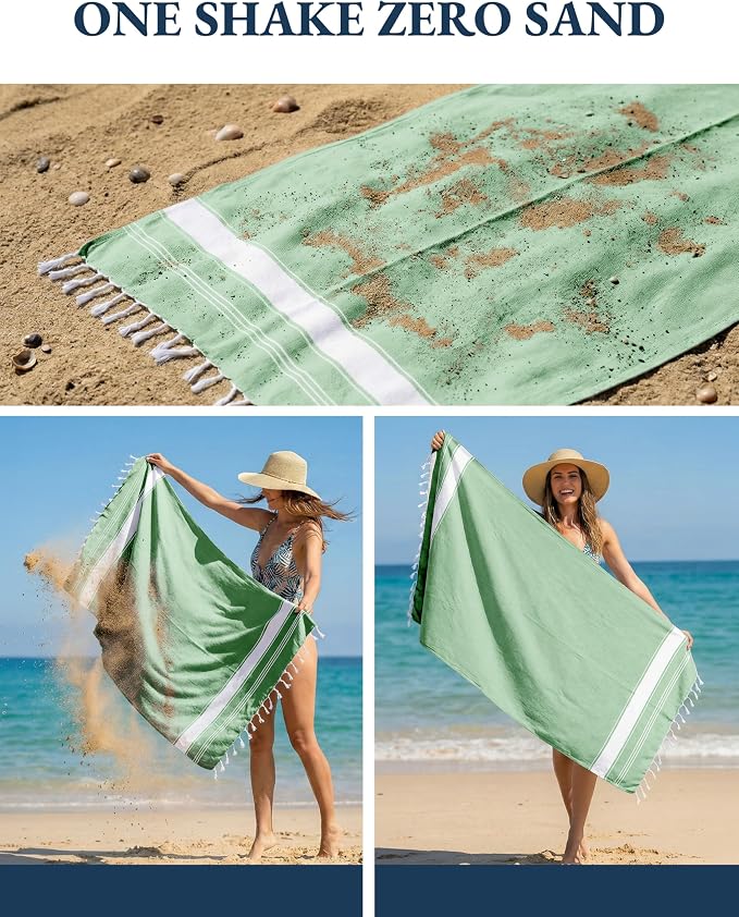 LANE LINEN Turkish Beach Towels, Super Absorbent, Travel Towel - Jade Green | 2 Pack Extra Large Beach Towel - Pre-Washed for Soft Feel - 39"x71", Vacation Essential - Machine Washable, Travel & Camping