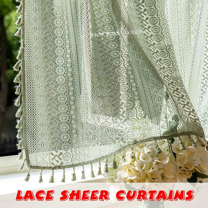 Sutuo Home Sage Green Boho Lace Short Curtains 2 Panels 50" W x 36" L | Sheer Valance Curtains For Kitchen Window Over Sink Drape Closet Crochet Privacy Farmhouse Vintage Tassels Rod Pocket