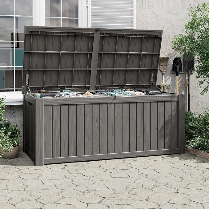 Outdoor Storage Box, 230 Gallon Large Outdoor Resin Deck Box, Storage Waterproof Boxes Lockable Lid for Garden Tools, Pool Supplies, Patio Furniture and Cushions, Grey
