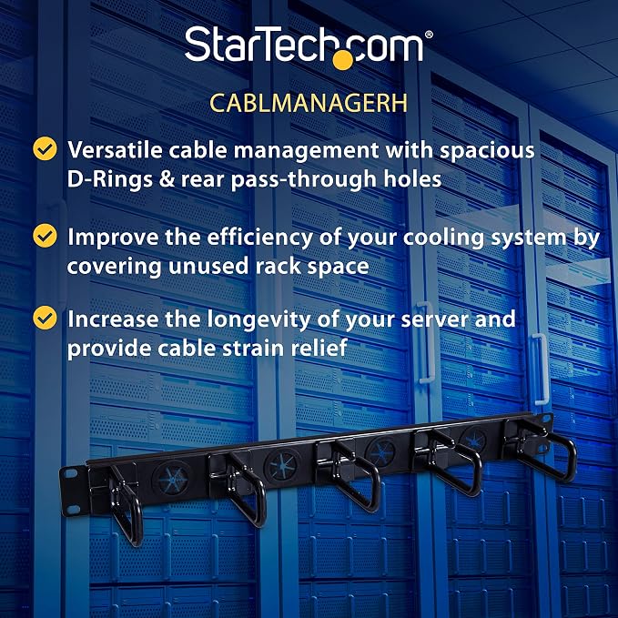 StarTech 1U 19in Horizontal Cable Manager, D-Ring, Steel (CABLMANAGERH) | Passthrough holes, 5 routing loops, Fits 2 or 4-post racks, M5 cage nuts and screws, EIA-310-E, 3.75in depth