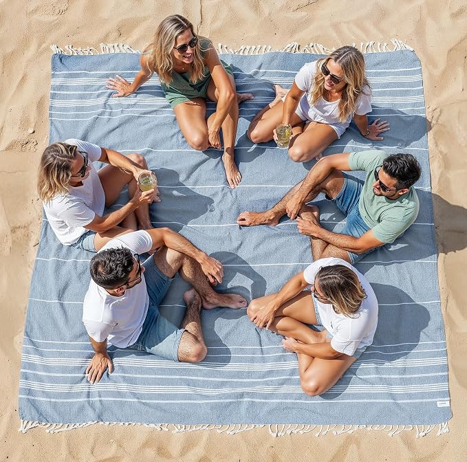 LANE LINEN Beach Blanket Sand Free, Picnic & Cotton Beach Towel - Sky Blue | Oversized Beach Blanket, 82"x82" - Beach, Backyard, Boat & Campsite Ready - Quick-Dry Weave, Dries Fast - Roomy Family Size