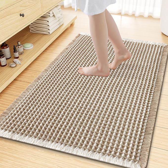 Smiry Waffle Bath Mat 47x32, Extra Soft Absorbent Bathroom Rugs, Non Slip Machine Washable Quick Dry Bath Rugs for Bathroom Floor, Tub, Shower, Home Decor Accessories, Brown & Cream