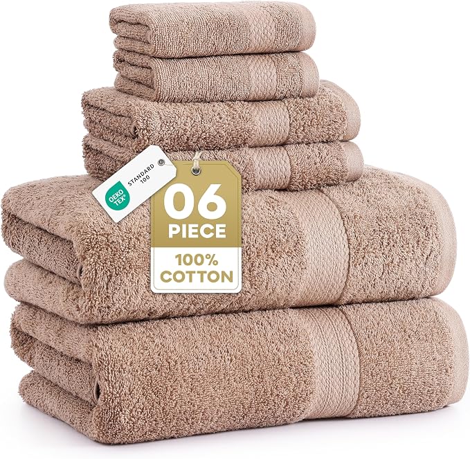 LANE LINEN Bath Towel Set Quick Dry 100% Cotton 6 Piece Soft - Taupe | Cotton Bath Towels - Classic Terry Weave, Densely Woven, Coordinated Colors, Dobby Border Accent, OEKO-TEX Certified
