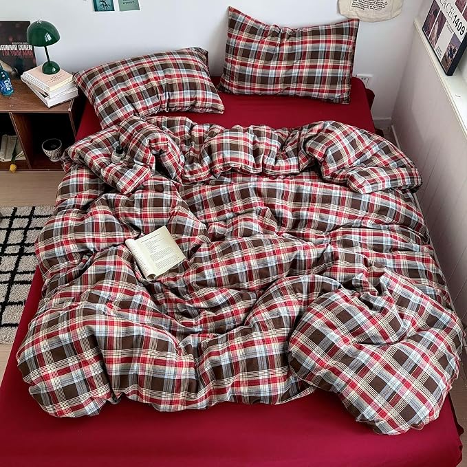 mixinni Vintage Red & Brown Buffalo Plaid Duvet Cover Set King Size - 3 Piece Washed Cotton Bedding Set with Classic Checkered Pattern, Cozy Farmhouse Duvet Cover with Pillowcases for All Seasons