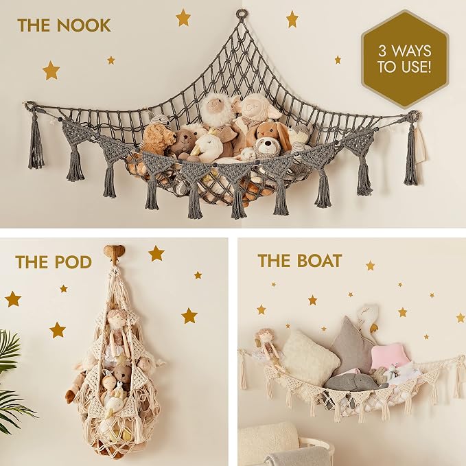 TIDYTEDS Macrame DreamLights Boho Stuffed Animal Storage Net Hammock Extra Large Plush Toy Storage Holder For Small Or Large Plushies BLACK