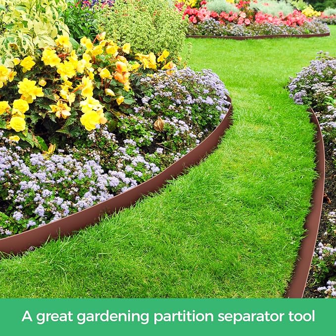 4-Inch x 33 FT Landscape Edging Border with 50 Spikes, Garden Edging Lawn Border Kit, Plastic Edging Border Flexible for Garden Flower Beds Lawn Yard Pathway (Brown)