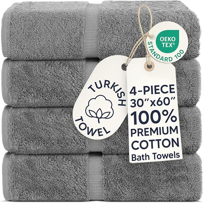 Chakir Turkish Linens 2 Piece Large Bath Towels, 100% Cotton Turkish Towels for Bathroom, Luxury Soft Absorbent Bath Towels, 30 x 60 Inches, Gray