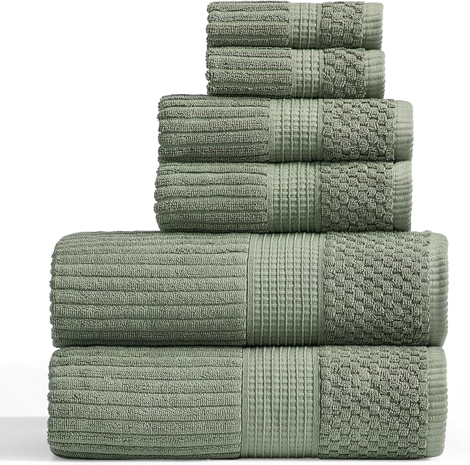 Springtree Home 100% Cotton Bath Towel Set | 6-Piece Set | Textured | Green | Absorbent & Quick-Dry Bathroom Towels | Textured and Durable Cotton Towels for Bathroom | OEKO-TEX | Krista Collection
