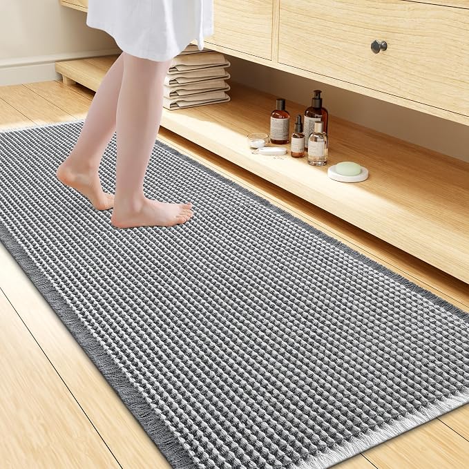 Smiry Waffle Bath Mat 60x24, Extra Soft Absorbent Bathroom Rugs, Non Slip Machine Washable Quick Dry Bath Rugs for Bathroom Floor, Tub, Shower, Home Decor Accessories, Darkgrey & Cream