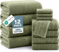Casa Platino Towel Set for Bathroom 12 Piece Soft Absorbent - Oil Green | Shower Towels - Oversized & Roomy, Lightweight & Breathable, Fade-Resistant Color, Classic Terry Weave, Densely Woven