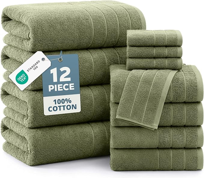 Casa Platino Towel Set for Bathroom 12 Piece Soft Absorbent - Oil Green | Shower Towels - Oversized & Roomy, Lightweight & Breathable, Fade-Resistant Color, Classic Terry Weave, Densely Woven