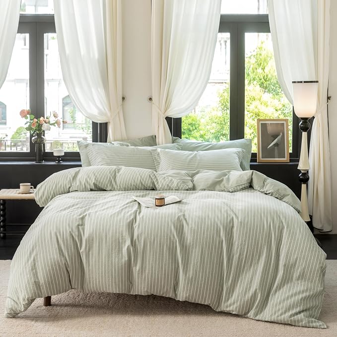 Reversible Duvet Cover Set 100% Washed Cotton Green Stripe Linen Feel Duvet Cover Queen Size with Zipper Closure & 2 Pillow Shams,Celadon Green/White Stripe Reverse Solid Celadon Green